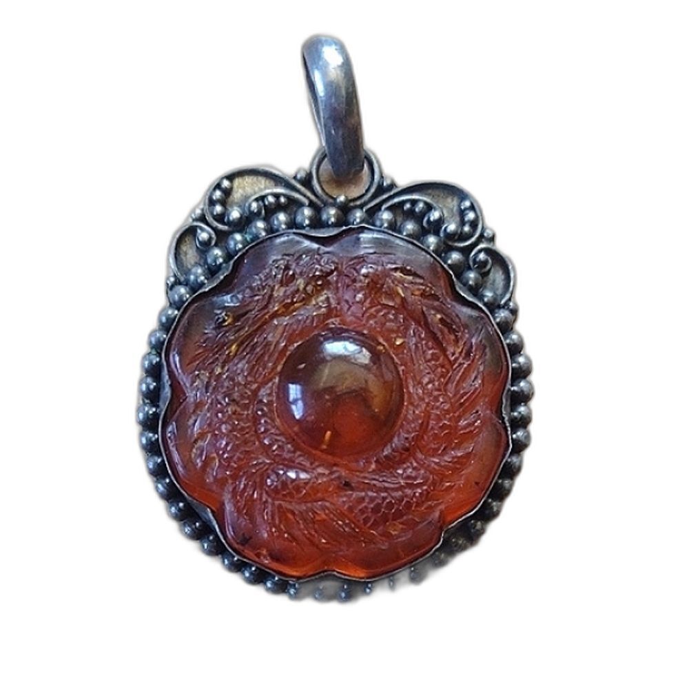 Antique 925 Sterling Silver with Baltic Amber Carved Asian Dragon Pendant
